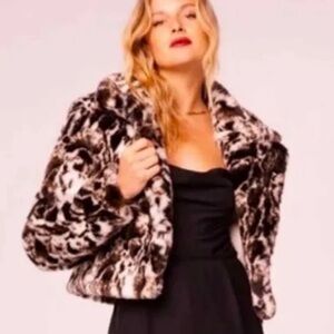 BAND OF THE FREE WILD CAT LEOPARD FAUX FUR OPEN JACKET BLACK BROWN IVORY SIZE S